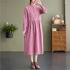 Vestidos informales Botones de cuello de soporte Vintage Camisa Camiseta Mujeres Spring Otoño Manga larga Midi Retro Retro