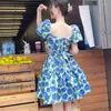 Платья для вечеринок 2024 летние женщины изящное синее цветочное мини -платье Bohemian Lame