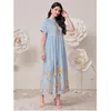 Roupas étnicas elegantes mulheres impressão muçulmana abaya manga curta casual maxi vestidos perus kaftan islâmico dubai robe jalabiya