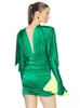 VC Fashion Streetwear WomenS Dress For Special Event Sexy V Neck Draped Design Green Slim Thin Mini With Gloves 240327