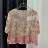 Women's T Shirts Vintage Elegant Beading paljetter Mesh Top Bling Perspective Short Sleeve Shirt Women Fashion Tee Female