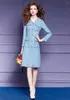 Casual jurken Designer Elegant Blue Tweed Woolen Women Fashion Long Sleeve V Neck Single Buttons Dress Office Lady Party Party Vestidos