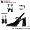 Spring Faux Patent Finish Hoge-hak schoenen met riemen Slingback Fashion Pumps For Women Mary Jane Lovey Square Toe Block 240326