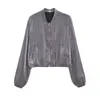 Jaquetas femininas murcha outono britânico High Street Retro Retro Metallic Silver Zipper Bomber