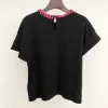 Womens Tops and Blouses Summer New cotton material Pink buckle decoration fashion leisure Black round neck women's T-shirt