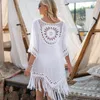 Cover Up With Fringe Trim Women Sexy Hollow Tunic Beach Dress Summer Bathing Suit Beachwear