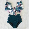 Bikini sexy à la taille haute et à volants 2023 Floung Biquini Swimwear Femmes Deux pièces de maillot de bain Floral Beachwear Vneck Suif de bain 240403