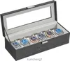 Titta på Box Christmas Gifts 6-Slot Watch Case med stort glas lock borttagbara klockkuddar arrangör gåva för nära och kära svart syntetiskt läder grå foder wb02609g