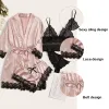 4 pièces Femme Sleepwear Pyjamas Ser with Robe Sexy Lace Lace Lingerie Bathrobe Satin Satin Home Vared Nightwear Robe 0408