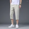 Men's Shorts Summer Ice Silk Pants 2024 Designer Solid Color Elastic Waist Calf Length Casual Korean Straight Fit Trousers