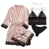 4 pièces Femme Sleepwear Pyjamas Ser with Robe Sexy Lace Lace Lingerie Bathrobe Satin Satin Home Vared Nightwear Robe 0408