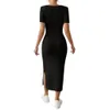 Vrouwen kleden elegante vierkante nek midi -jurk voor vrouwen gebreide elastische magere vaste kleur zomerjurk met gesplitste zoom voor feestjes 240319