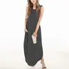 Casual Dresses Simple Comfortable Solid Color Dress Women Summer Loose Round Neck Sleeveless Vintage Fashion Pockets Long