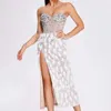 Bella Barnett Luxury Womens ClothingSexy High Slit Diamond Off Shoulderselegant Feather Midiイブニングドレス女性