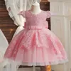 Baby Girls Robes pour 1er anniversaire Fête Backless Broiderie Elegant Big Bow Wedding Tutu Gown Filles Rose Gala formel Costume 240407