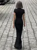 Sukienki imprezowe Zenaide głębokie szyję czarny krótki rękaw Ruched Maxi sukienka kobiet 2024 Summer podstawowy szczelin
