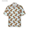 Men's Casual Shirts Kawaii Capybara pattern mens 3D printing Aloha Beach Hawaii mens short sleeved cool flip collar shirt yq240408