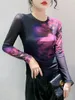 Women's T Shirts S-4XL Autumn Slim Fitting Light Stretchy Fabric Long Sleeve T-shirt Trendy Positioning Printing Floral O Neck