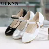 Sneakers Chaussures en cuir rose de fille Ulknn Girl Princess Silver For Girls Sandals High Talon paillettes brillantes Rhinaistone Enfants Party Chaussures