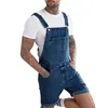 Men's Shorts Vintage Jeans Overalls Solid Color Elastic Denim Jumpsuit With Pockets Men Summer Casual Button Suspenders Short Pants