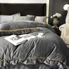 Bedding Sets 1.8m King Set 4pcs Autumn Winter Thick Carved Velvet Simple Solid Color Duvet Cover Warm Coral Gray Blue