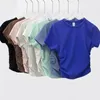 패션 여성 칼라 슬리브 티셔츠 탑 요가는 모든 짧은 여름 탄력적 인 라운드 it Ribber DrawString Womens 셔츠 IEMTA를 차지합니다.