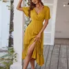 Party Dresses Femme Patchwork Hollow Out Lace Midi Dress Summer Women High midja V Neck Casual Solid SHORT STEV SLIM FIT