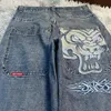 Jnco Nakış Bol kot pantolon erkekler retro harajuku moda hip hop rock sokak kıyafeti pantolon y2k rahat geniş bacak denim pantolon 240320