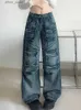 Kvinnors jeans 2023 trashy y2k strtwear multi fickor tvättade blå baggy last jeans byxor för kvinnor kläder bred ben kvinnliga denim byxor y240408