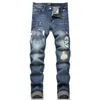 Męskie dżinsy niebieskie Zerwane Patch Elastyczne Pencil Denim Spodnie Streetwear Hip Hop Slim Filting Spodni dla mężczyzn
