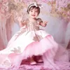 Lovely Puffy 2024 Pink Flower Girls Dresses for Weddings Square Neck Short Sleeves Rose Gold Sequins Ball Gown Open Back Girl Pageant Gowns s