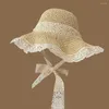 قبعات واسعة الحافة قبعة قش قابلة للتنفس القوس الدانتيل القوس الكورية