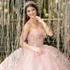 Roze quinceanera -jurken voor 16 jaar baljurk sexy van de schouderapplique kanten tull feestjurk voor meisje Vestidos de 15 anos