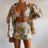 Sexy Women Clothing 3pcs Sets Floral 2024 Spring New Womens Fashion Loose Shirt Camisole Shorts Piece Within A Light Coat ,bikini And Short Pants