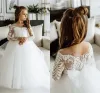 In STock Flower Girl Dresses Sheer Long Sleeve Appliques Lace Children Birthday Wedding Dress MC2308