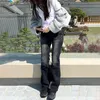Karrram Vintage Distressed Low Waist Jeans Grunge Asymmetrical Denim Pant Korean Fashion Black Flare Kpop Streetwear 240401