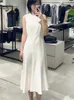 Casual Dresses Acetic Acid Blend Women O-Neck Dress Slim A-Line Pleated Elegant Solid Color Ladies Sleeveless Mid-Length Robe Spring 2024