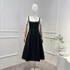 Casual Dresses 2024 Arrivals High Quality Elegant Spaghetti Strap Sleeve Square Collar Solid Black Midi Dress For Women