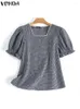 Blouses pour femmes Vintage Femmes Tops Vonda Summer Plaid Shirts 2024 Fashion Short Sleeve Imprimé Blouse Sexy Square Clom Wab Waby Blusas