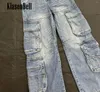 Jeans féminins 11,7 Klasonbell High Street Fashion Celebrity même denim lavé Denim Multi Pocket Cargo Straight Casual