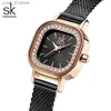 Relógios femininos shengke elegent quadrado discagem feminina es moda diamante diamante preto aço inoxidável mulher quartzo pulseira relógio feminino l46