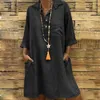 Robes décontractées Collier de robe 3/4 Boho Boho's Butt-Down Button Pocket Solide Pocket for Work Office Women