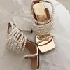 Sandals Square Toe Pearl Strap High Heel Slippers Open Slip On Thin Heels Golden Beaded Hollow Strappy Mules Shoes 9CM