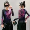 Women's T Shirts S-4XL Autumn Slim Fitting Light Stretchy Fabric Long Sleeve T-shirt Trendy Positioning Printing Floral O Neck