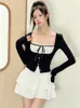Vrouwen Koreaanse mode Y2K Outfits 2 -delige set lange mouw vierkante kraag sexy gyaru tops mini -gelaagde ruches rokken 240313