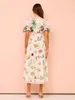 STYLISH LADY Palm Printed Holiday Dress 2024 Summer Women Lantern Sleeve O Neck High Waist Beach Vocation Long Dresses