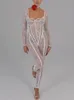Fantoye sexig se genom spetsblommor kvinnor jumpsuit vit långärmad ihålig jumpsuit höst bodycon elegant fest klubbkläder 240403