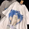 コットンアメリカンレトロ子猫の特大のゆるい短い袖のTシャツトップ半分の男性と女子学生Tシャツの男性衣類240402