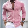 Mäns casual skjortor knapp-up skjorta sommarstrand lång ärm randig stativ krage hawaiian semestertryck klädmode klassiker klassisk