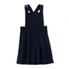 Girls dresses navy pleated pinafore gold buttons suspenders school dress 59 sizes adjust waist inside elastic children clothes 240403